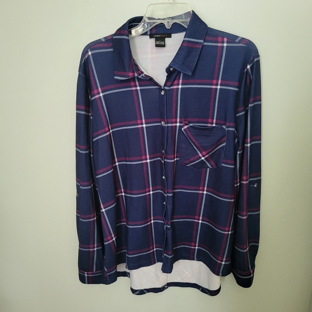 Robert Louis Women Large Button Down High Low Plaid Blue Roll Tab Shirt Top